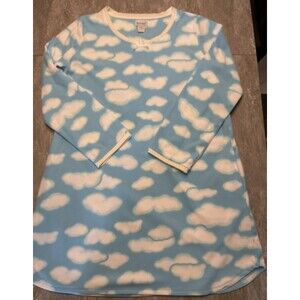 PajamaGram Sz L Fleece Gown Nightie Long Sleeve Blue Clouds Warm Cozy Winter